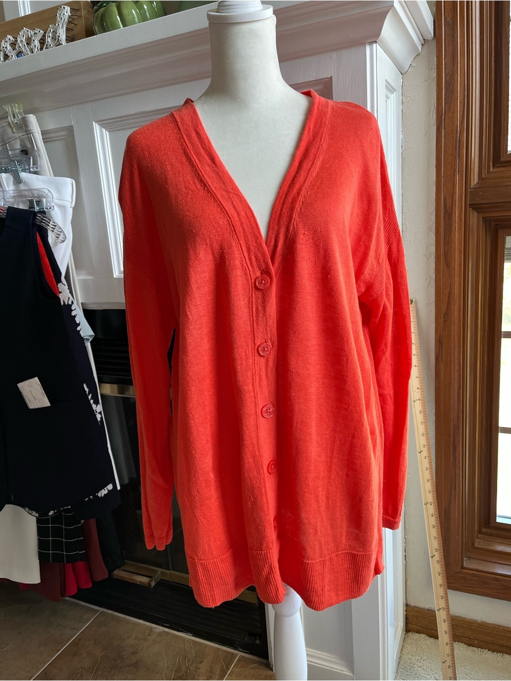 Talbots Women's Vibrant Tangerine Orange Linen Button-Front V-Neck Sweater
